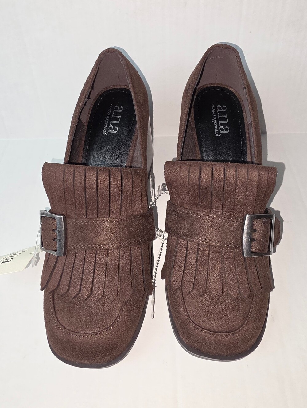 a.n.a Faxon Loafer Faux Suede Fringe Buckle Heels Chocolate Brown Sz 6